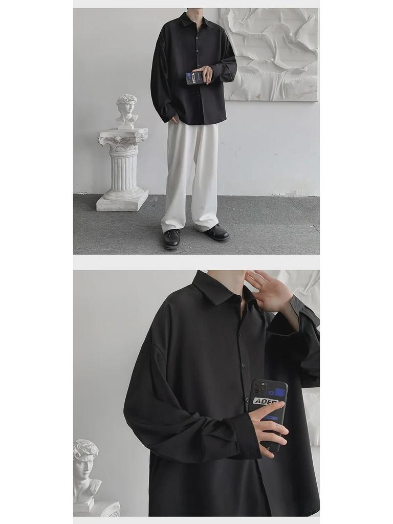 Men's Long-Sleeve White Shirt: College Style, Loose Fit, Korean Trend