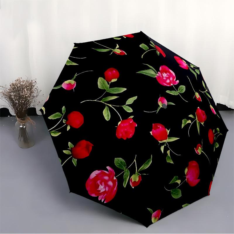1pc Red Rose Pattern Folding Umbrella | Elegant Design, Fashionable Accessory, Durable Construction, Sturdy Ribs Yy251107106
