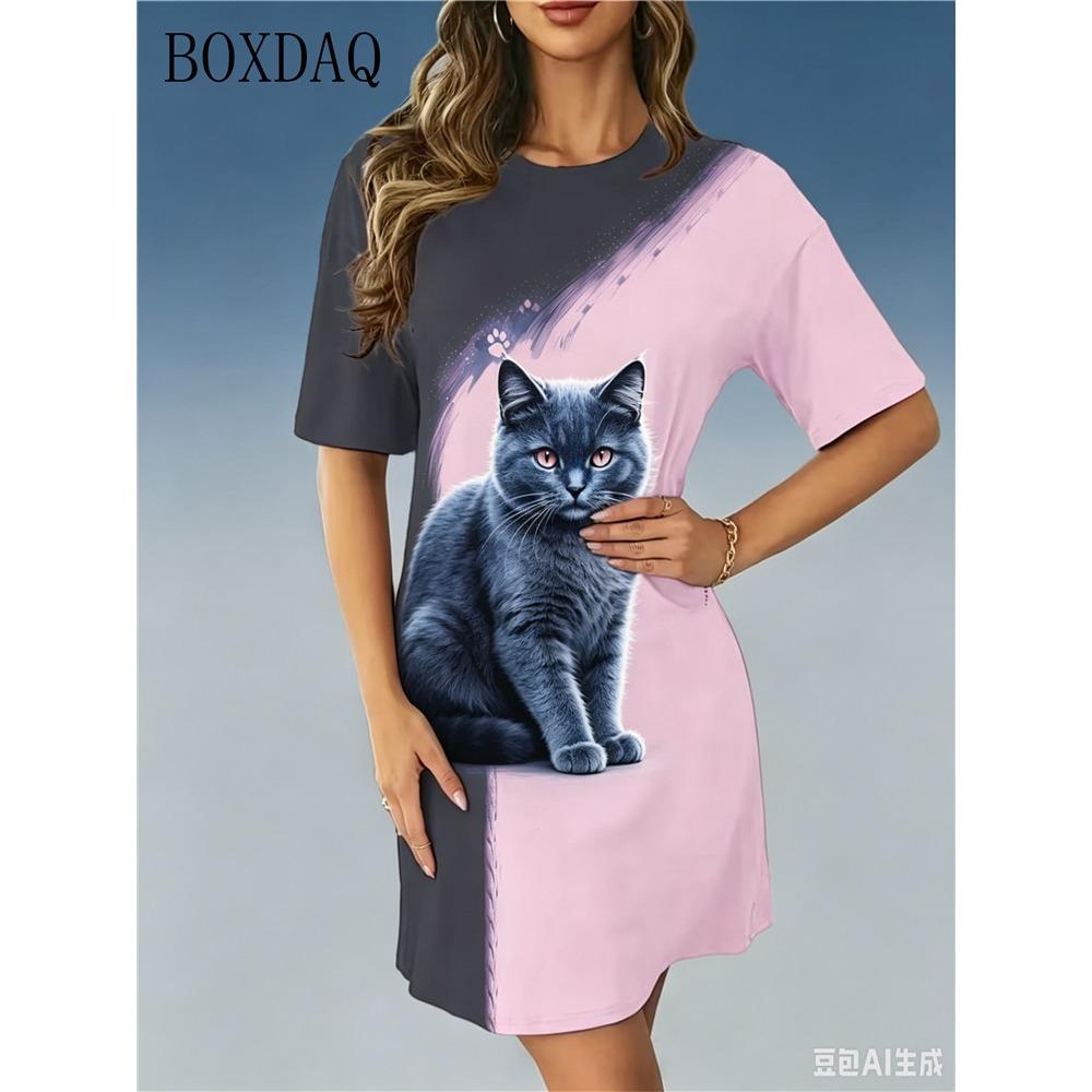 Summer Women's Dresses Casual Short Sleeve Round Neck Cute Cat Pattern Printed Loose Dress