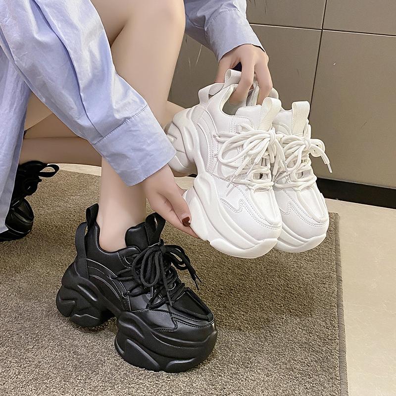 Black Women Chunky Leather Sneakers High Platform Ulzzang Sports Shoes New 2025 Autumn Thick Bottom Women's Wedge Casual Shoes