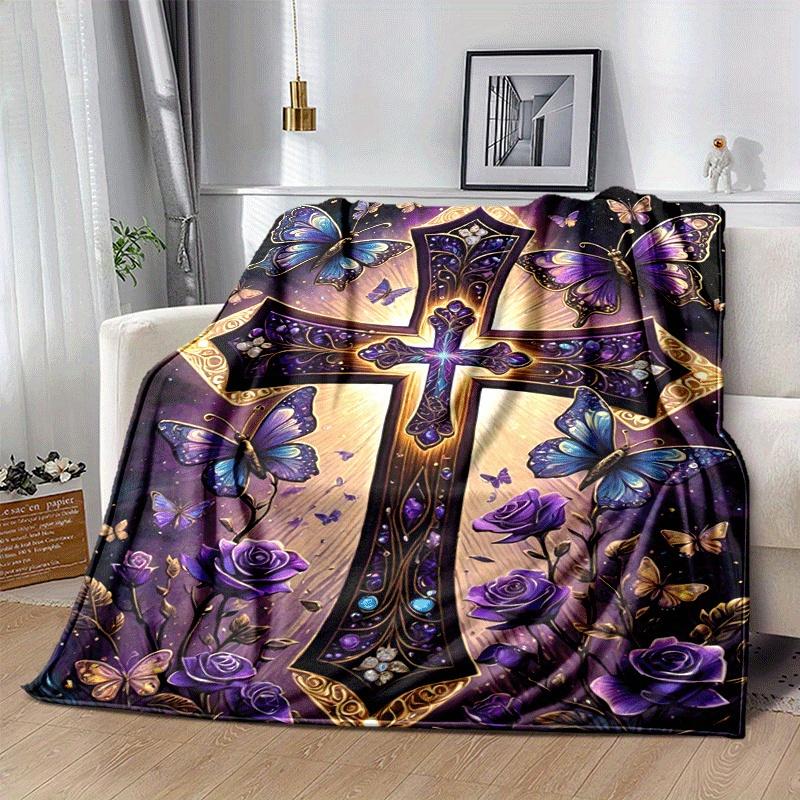 1pc Purple Butterfly Rose Cross Printing Lightweight Flannel Blanket, Comfortable and Warm Blanket, Camping Sofa Bed and Couch Office, Gift