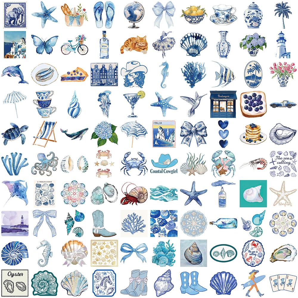 10/30/50/100pcs Blue Mediterranean Art Graffiti Stickers Vintage INS Aesthetic Decals DIY Stationery Phone Waterproof Sticker