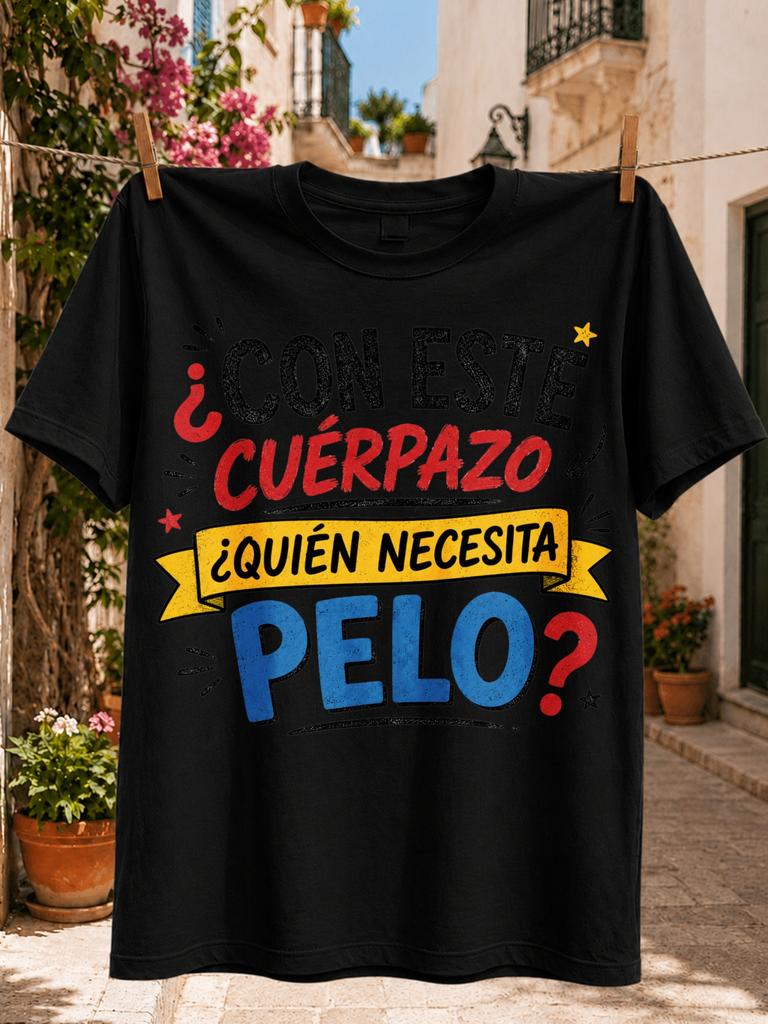 With A Body Like This Who Needs Hair Spanish Humor Bold Red Yellow Blue Typography With Playful Unisex All Tshirt