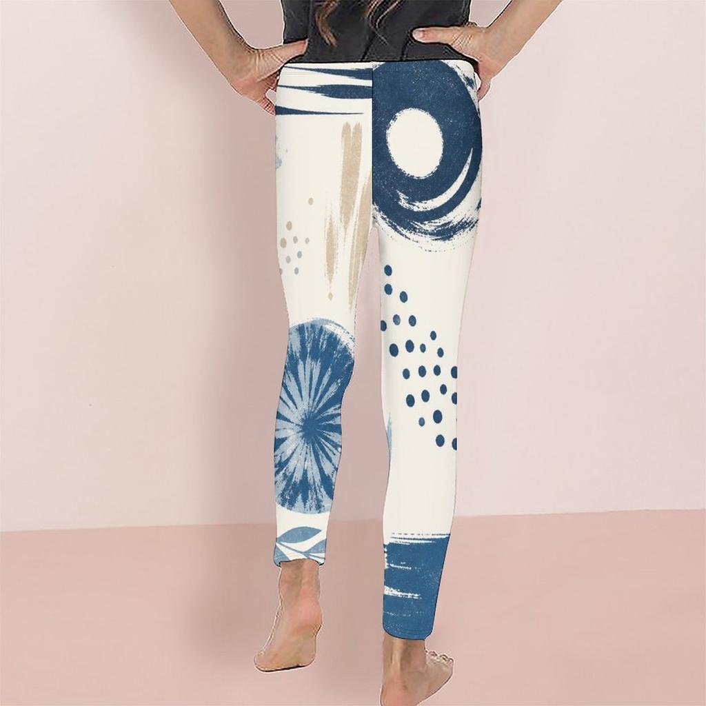 Girls Full Length Fitted Stretch Waist Printed Blue White Yoga Leggings