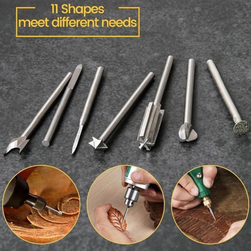 Professional Stainless Steel Wood Carving Engraving Drill Bit Kit 1mm to 10mm 11 Pieces Rotary Tool Projects Accessories