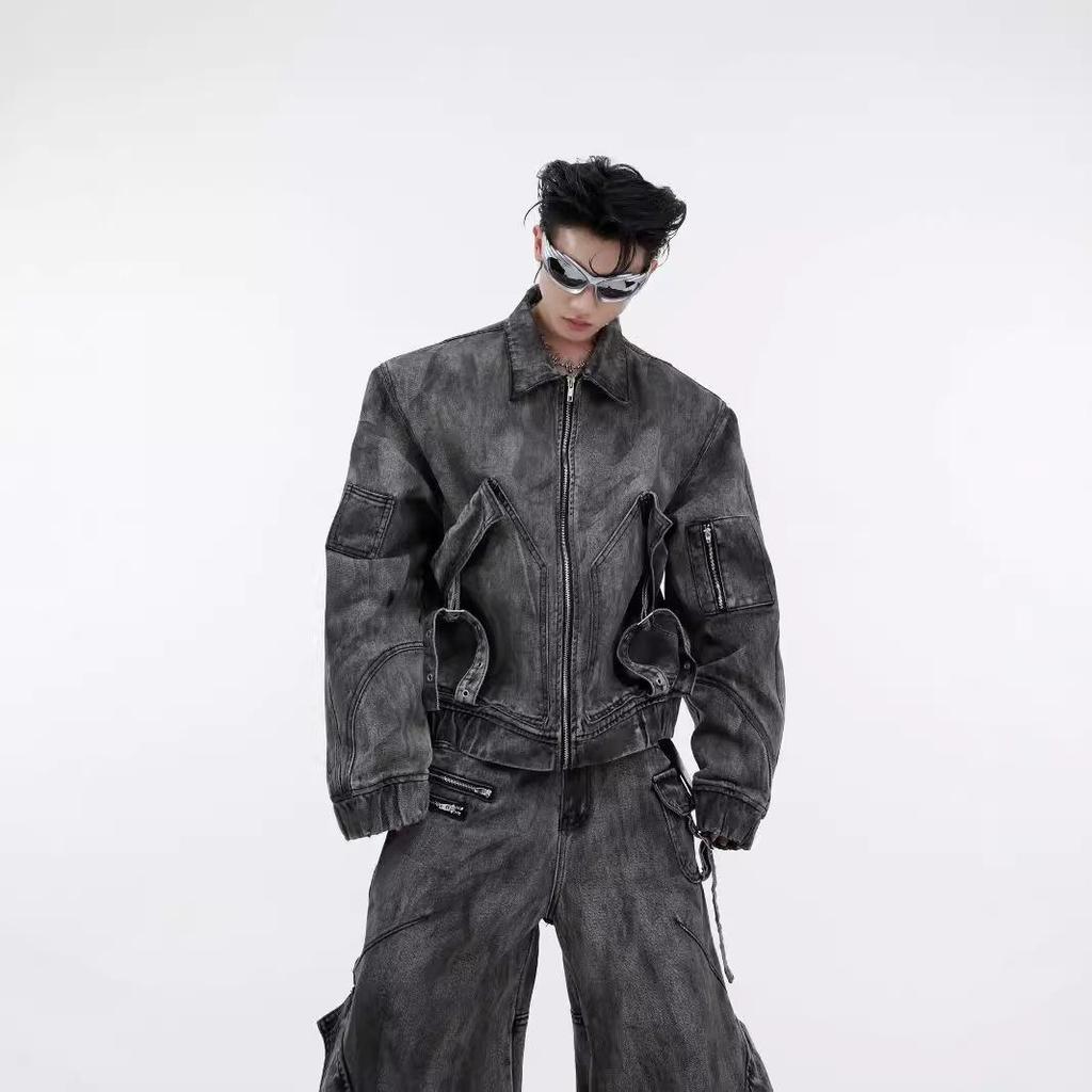 Retro Distressed Denim Wasteland Jacket with Heavy Zippers & Large Pockets – 2024 Trend