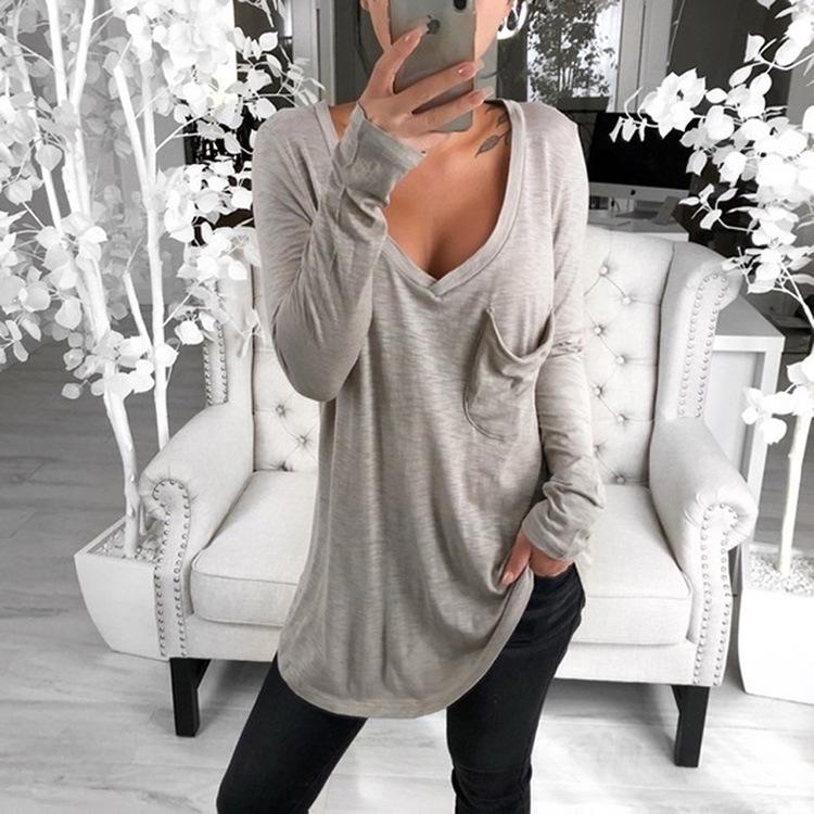 QICED Women's Fashion Casual Solid Color Print Long Sleeve V-Neck Blouses & Shirts