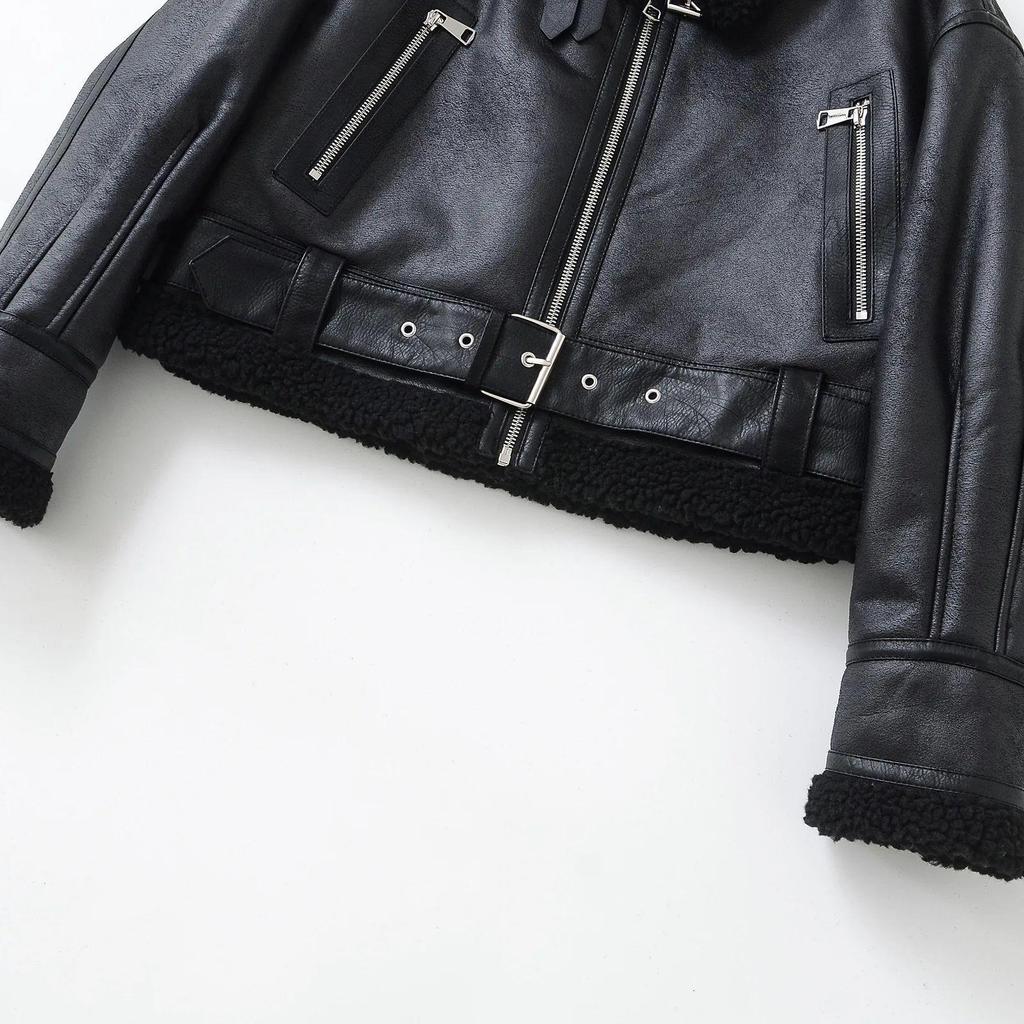 Chaqueta de Moto para Mujer Otoño/Invierno 2025 con Cuello Solapa de Piel Sintética