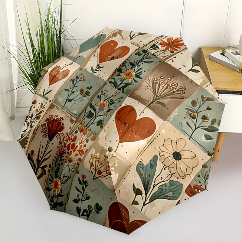 1pc Floral Hearts Automatic Open/close Umbrella, 8-Rib Sturdy Structure, Auto Folding/Opening, Portable Travel Umbrella for Women061
