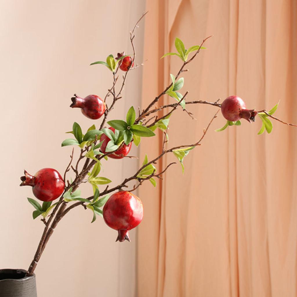 6 Head Artificial Pomegranate Branch Stem Faux Fruit for Vase Realistic Faux Pomegranates Tree Branch for Decoration