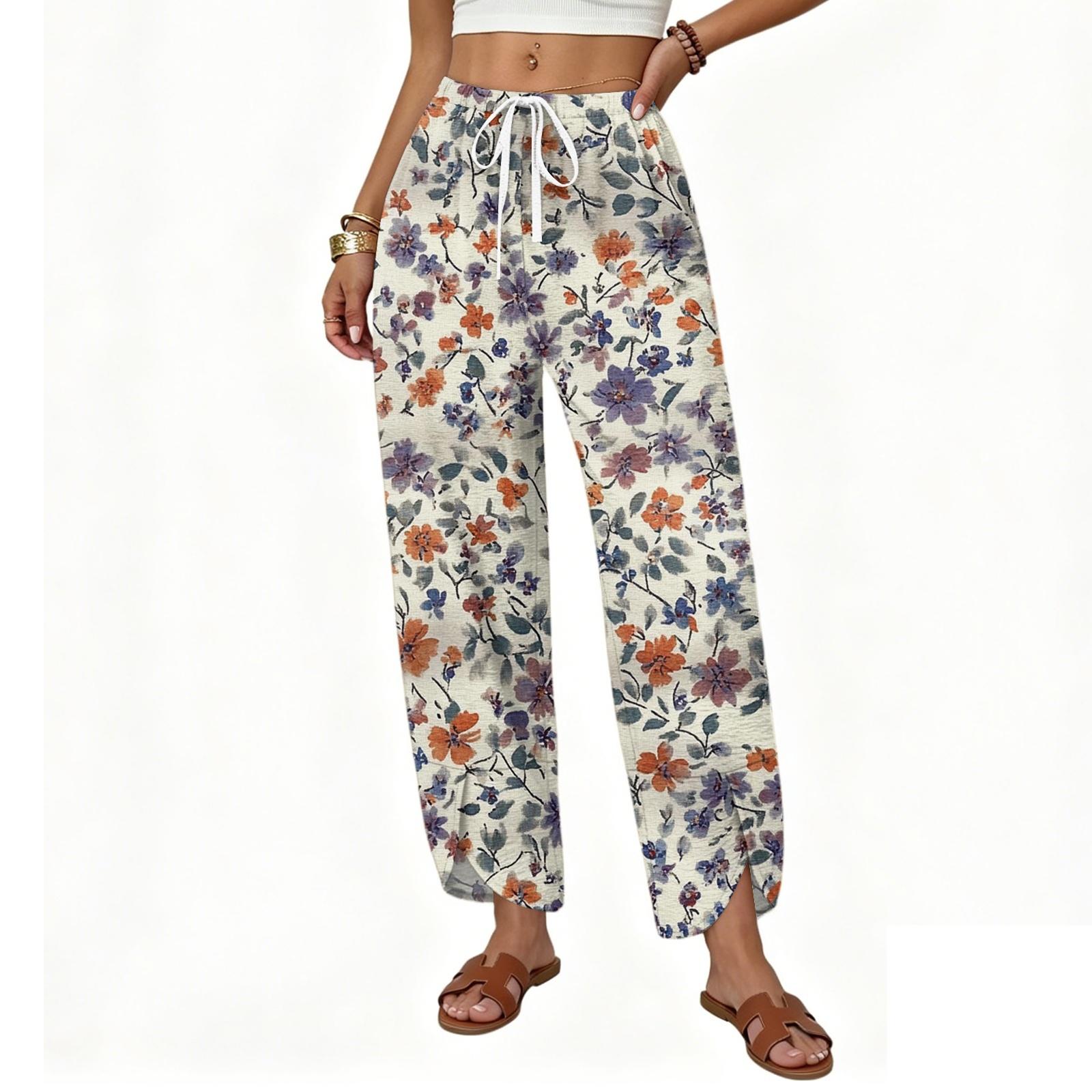 Women s Casual Wide Leg Drawstring Printed Pants with Loose Fit M