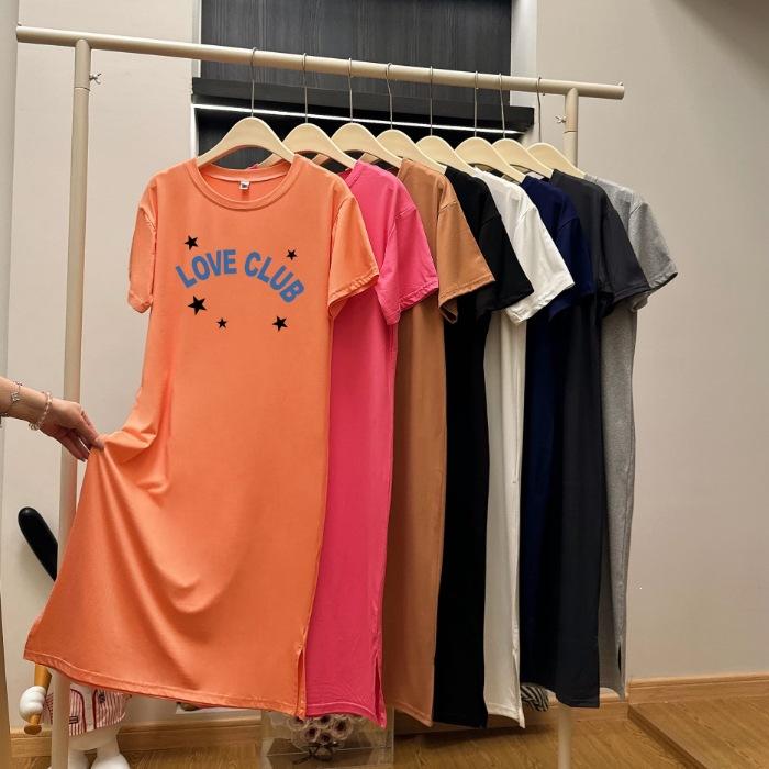 

Letter-print Round-neck Casual Dress for Women - Summer Loose Short-sleeved T-shirt Style Dress 4XL рожевий