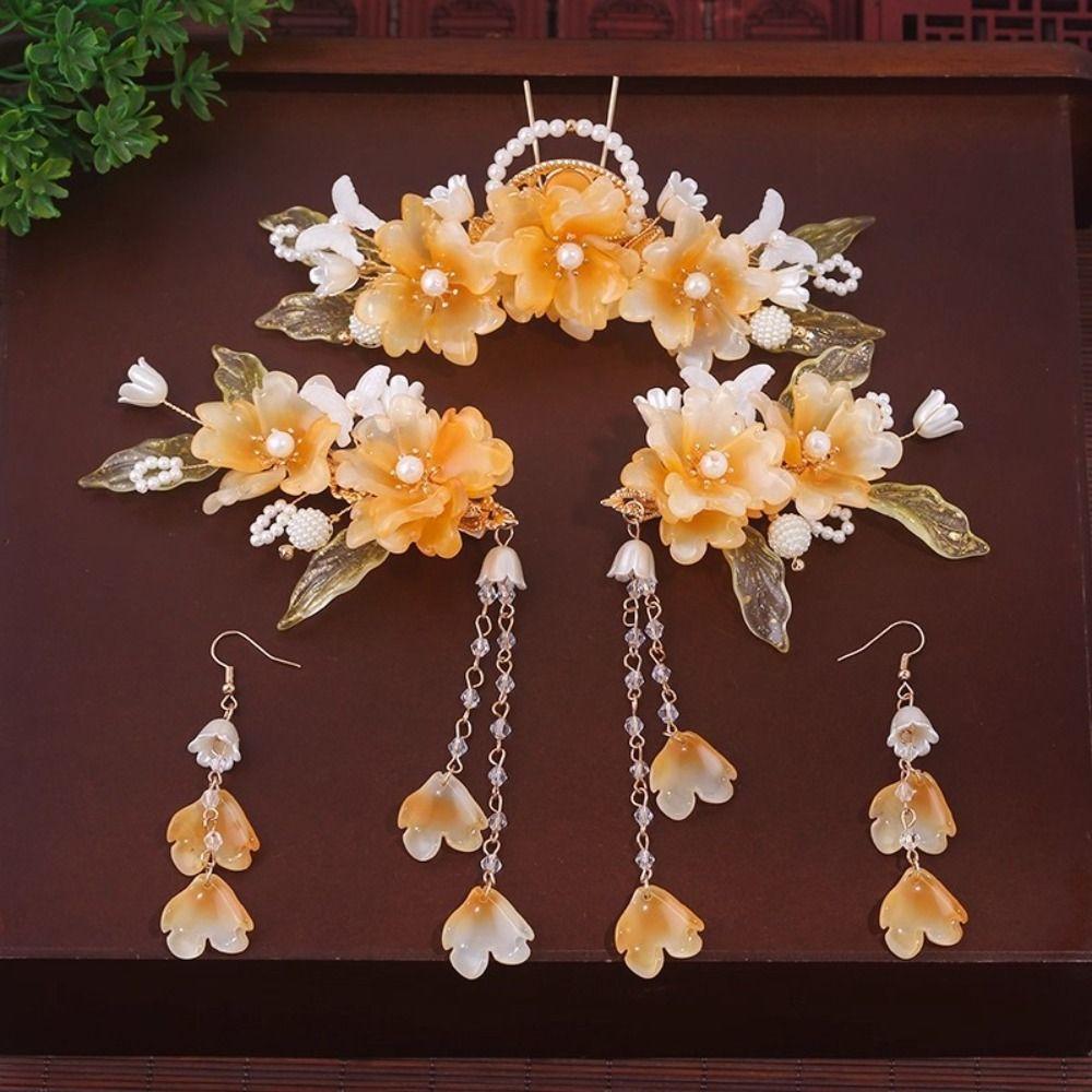 Earring Hanfu Hair Stick Pearl Flower Hair Comb Antique Chinese Style Hairpin Set  Women