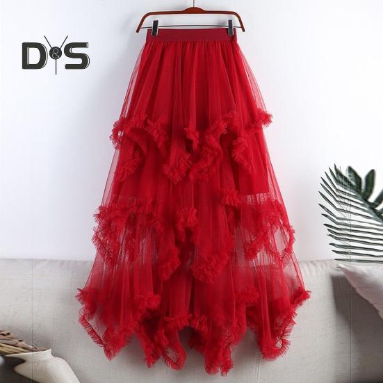 Dámská dortová sukně s polovičním pasem, elastickým pasem, nepravidelným lemem, midi sukně, jednobarevná, síťovaná, kolová, dlouhá sukně, pro každodenní nošení