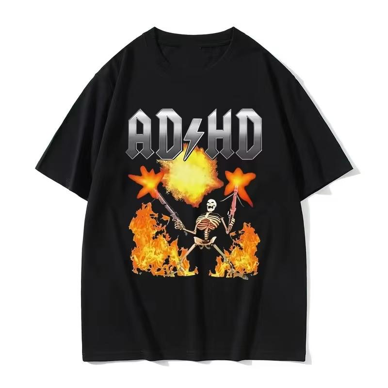 2026 Retro Fire Skeleton Graphic Large Printed Cotton Unisex Short Sleeve Tshirts Punk Streetwear Casual Tops For Kids Adults