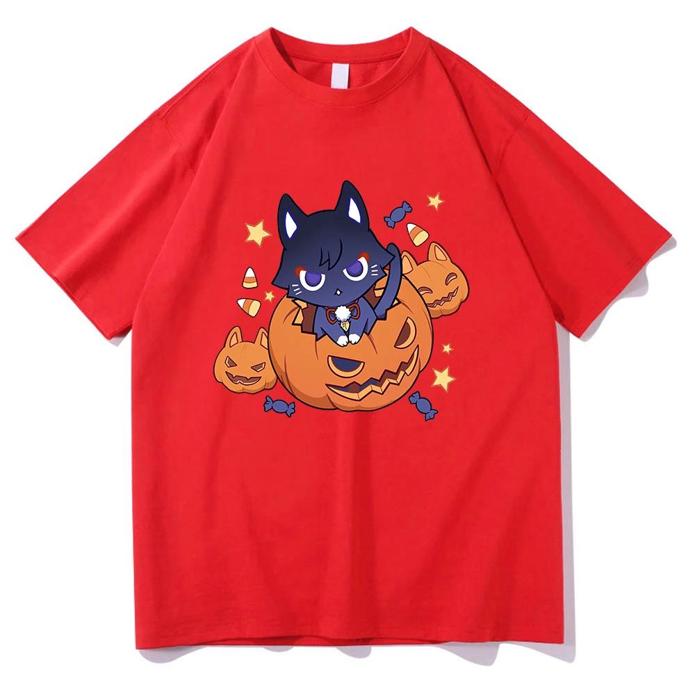Genshin Impact Scaramouche Cat T Shirt Funny Men/women Clothing Harajuku Halloween Tops Vintage Unisex Cotton Graphic T Shirts