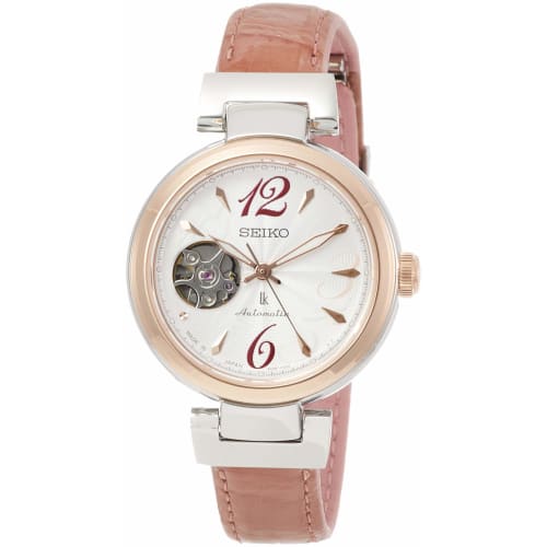 Seiko Watch Lucia Mechanical Watch, Round Open Heart, White Dial, Pink Crocodile Leather Band, SSVM048, Women's, Pink