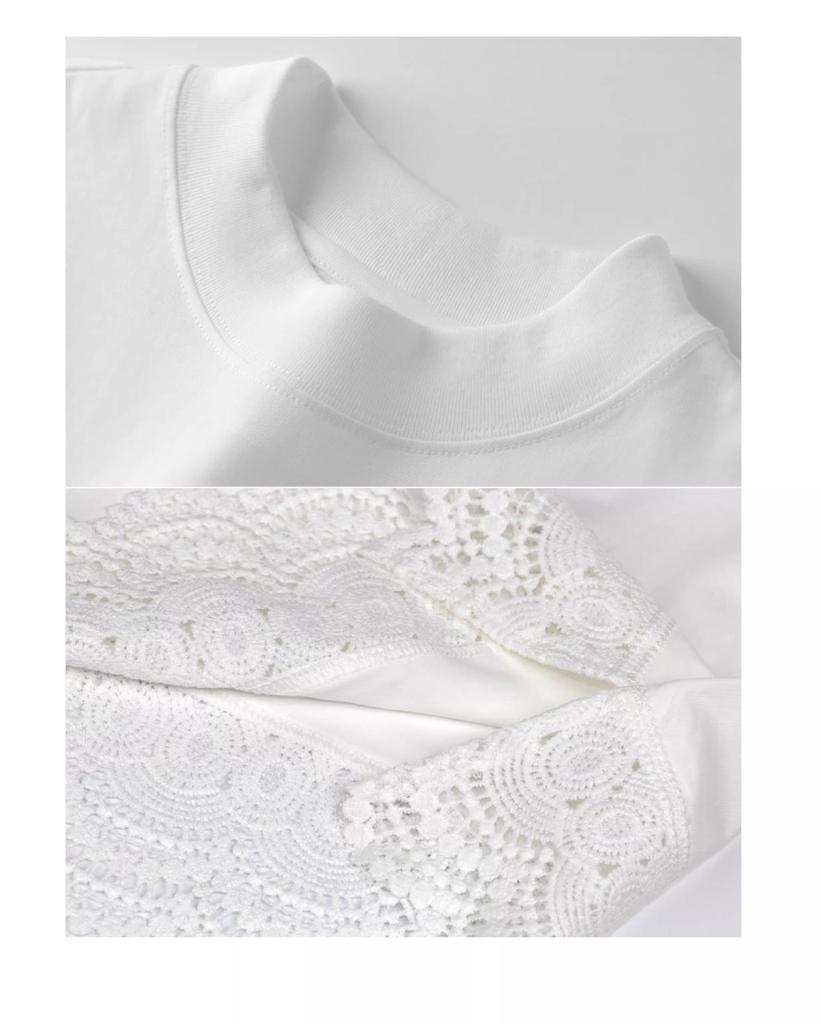 Women's Long Sleeve Lace Hem T-Shirt with Half-High Collar - Loose, Slimming Mid-Length Base Layer