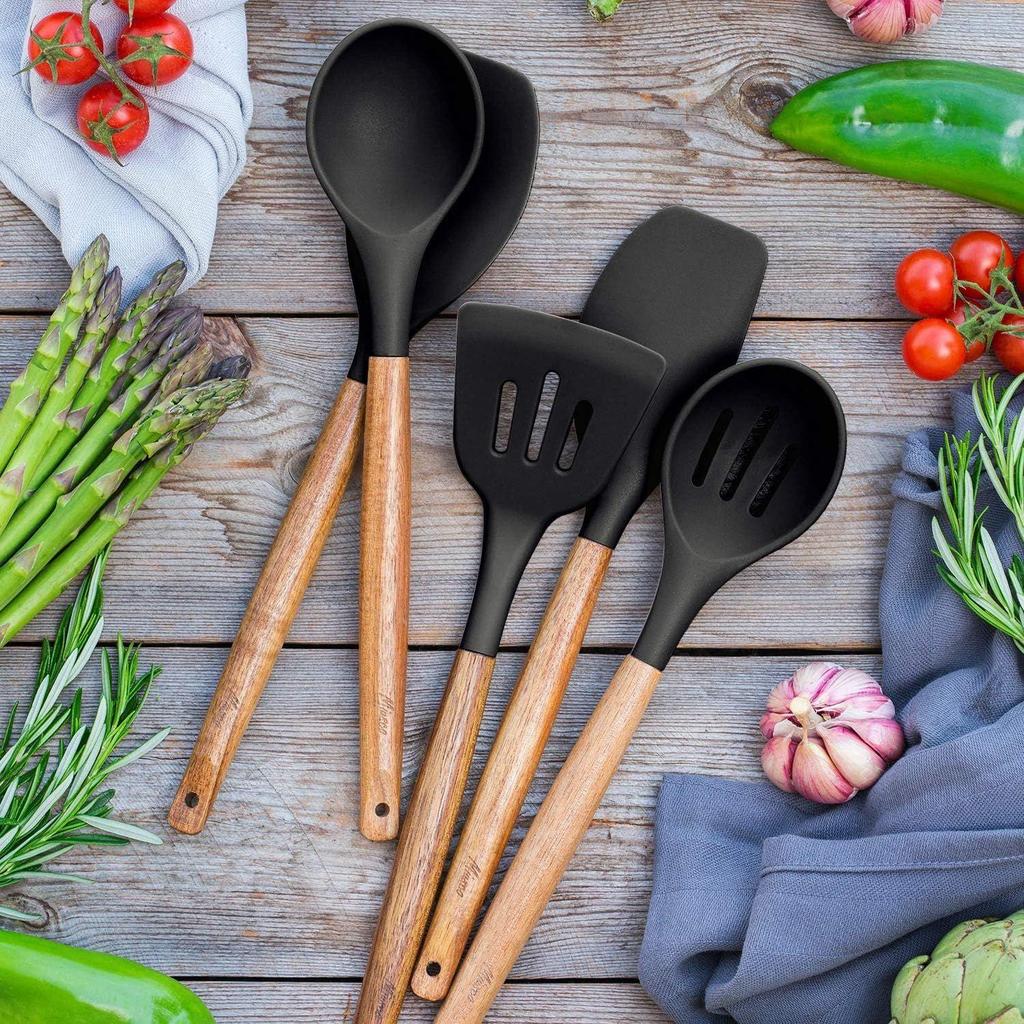 Non-Stick Silicone Cooking Utensils Set, 5 Pcs With Wooden Handle, Heat Resistant Silicone Kitchen Gadgets
