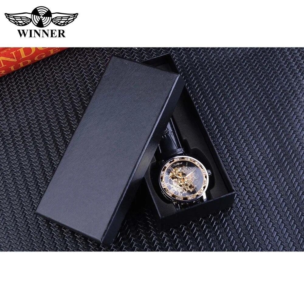 WINNER Orologi da polso meccanici scheletrati da uomo con display a diamante, lancette luminose retrò dorate nere, orologio di lusso delle migliori marche