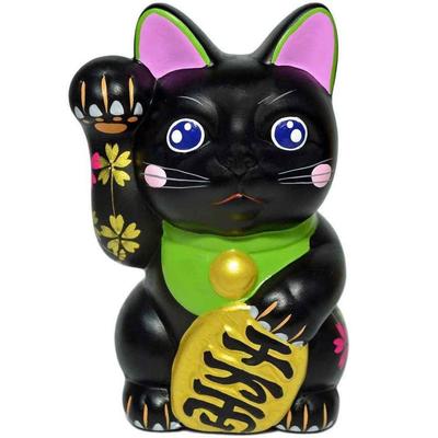 Seto Ware Maneki Neko 15.5cm Hoch Sakura Bemalt Rechte Hand (Schwarz)