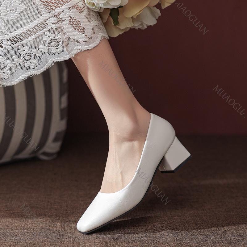 Fashion 2025 New Spring Heels Women Square Head Shallow Mouth Soft Leather Pumps Fashion Solid Office 5.5cm Thick Heeled Ladies Shoes