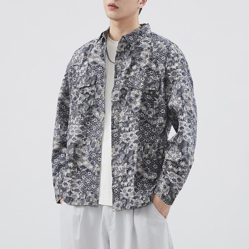 Japanese Retro Spring and Summer New Men's Casual Long-sleeved Digital Printed Cotton Shirt American Style