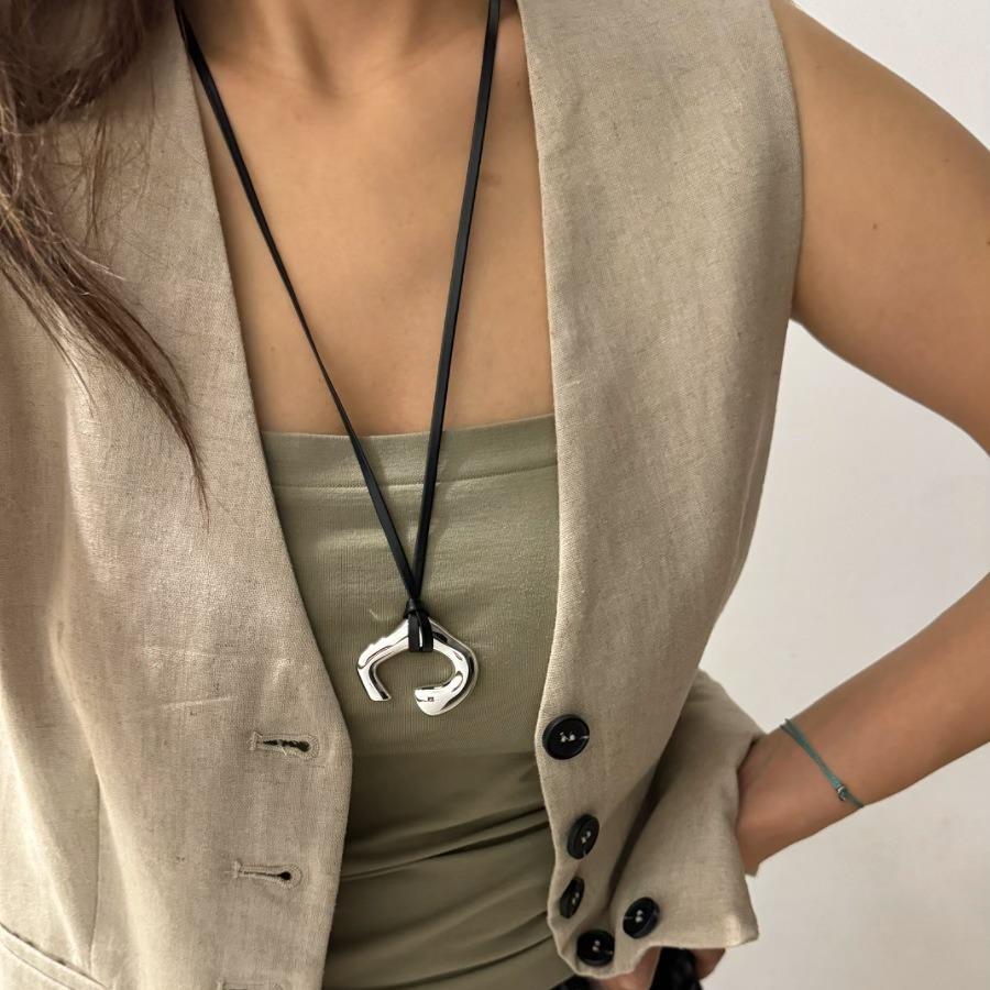New Korean Brown Leather Cord Necklace with Abstract Human Body Silver Pendant - Light Luxury Clavicle Chain