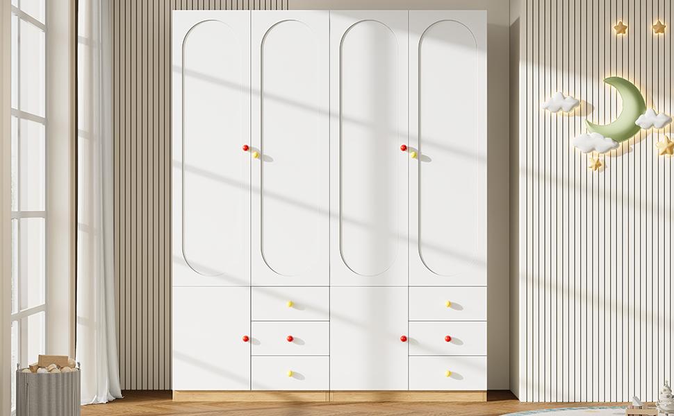 2-Door Wardrobe with Drawers, Bedroom Cabinet, Children's Room Furniture, with Clothes Rail, Colorful Ceramic Handles, White, Lacquer Finish, Set of 2