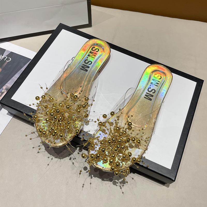 

Прозрачная сумка, головные полушлепанцы, женская летняя обувь, новые модные и удобные универсальные слова с повседневными плоскими шлепанцами 40 золотой