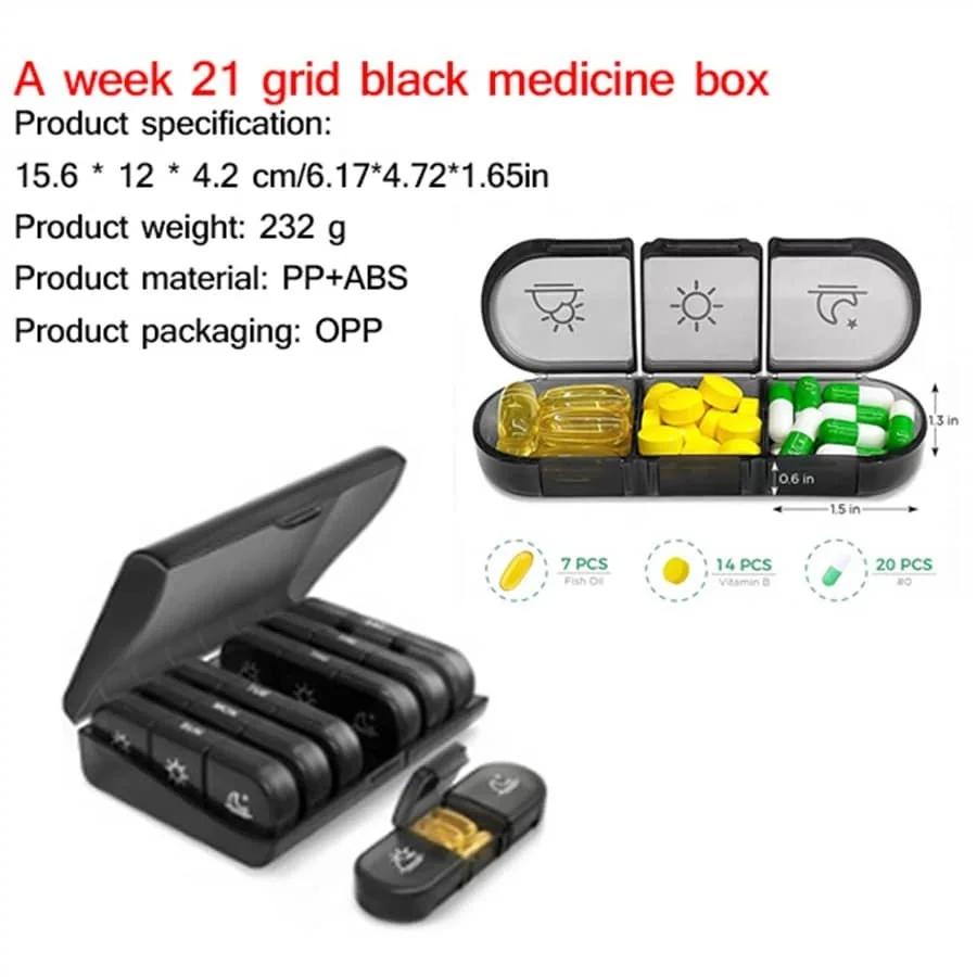 7 Days Pill Medicine Box Weekly Tablet Holder Storage Organizer Container Case Pill Box Splitters Black Pill Case Organizer