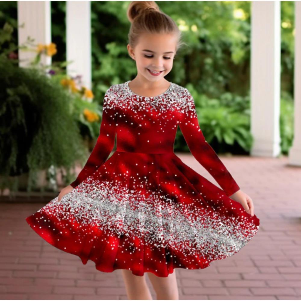 Girl Casual 3D Silver Wave Print Round Neck Long Sleeve Dress Kid Princess Dress