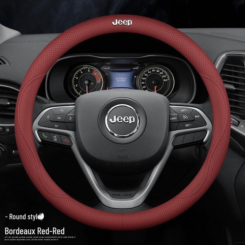 Universal Genuine Leather Steering Wheel Cover for Jeep Cherokee, Wrangler, Compass, Renegade - All-Season Use