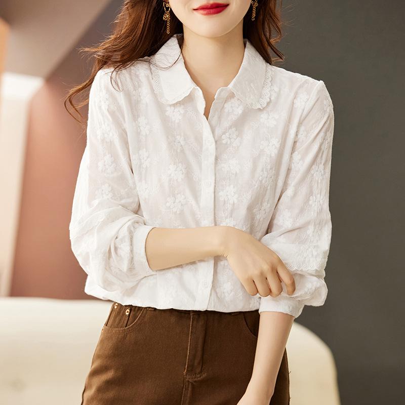 Embroidered White Shirt for Women Long-sleeved Spring Clothes New Sweet Temperament Base Shirt Top