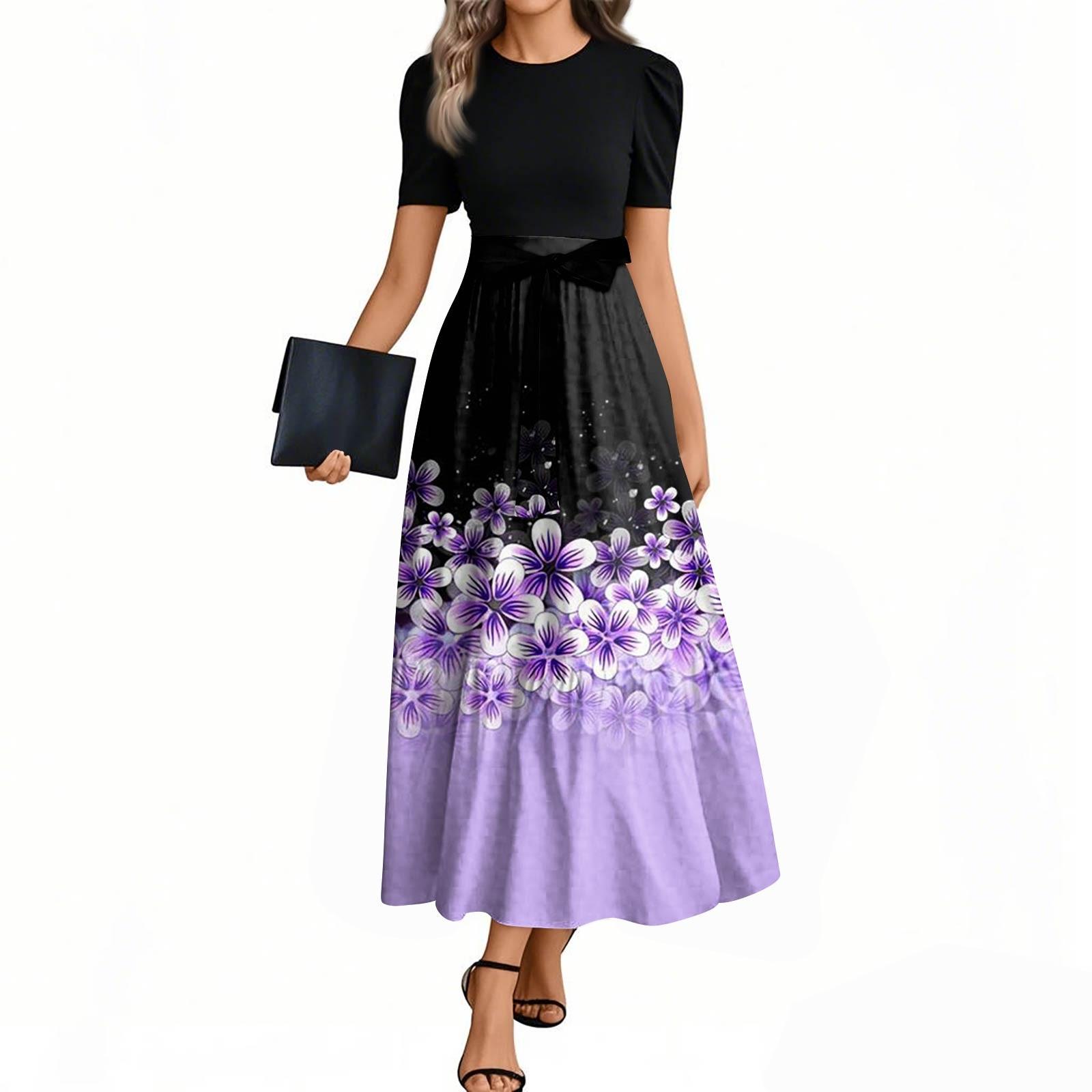 

Женская мода повседневная пояс с коротким рукавом круглый вырез винтажные цветочные сращивания элегантные темпераментные платья L фиолетовый