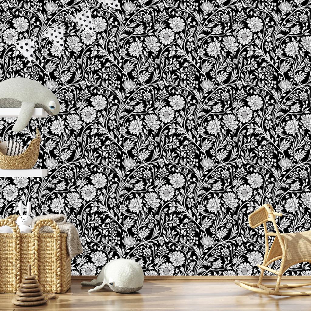 Wallpaper Black and white flowers graphite, gray and light gray 50x1000