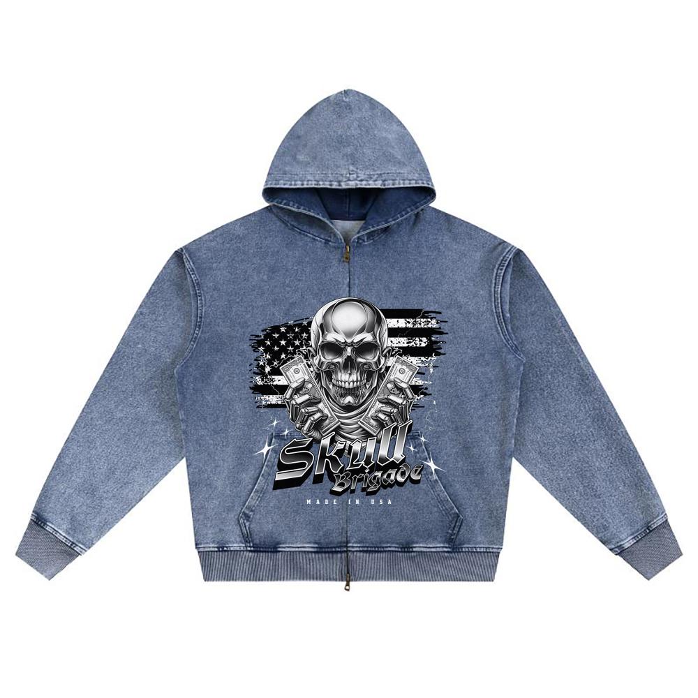 DTG Print Knitted Denim Zip-Up Hoodie Skull Brigade Brother Print Zipper Hoodies  