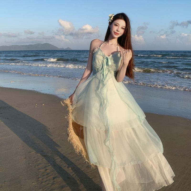 Summer Sense Seaside Photo Vacation Dress Mint Mambo Dopamine Wear Fairy Suspender Long Dress Girl