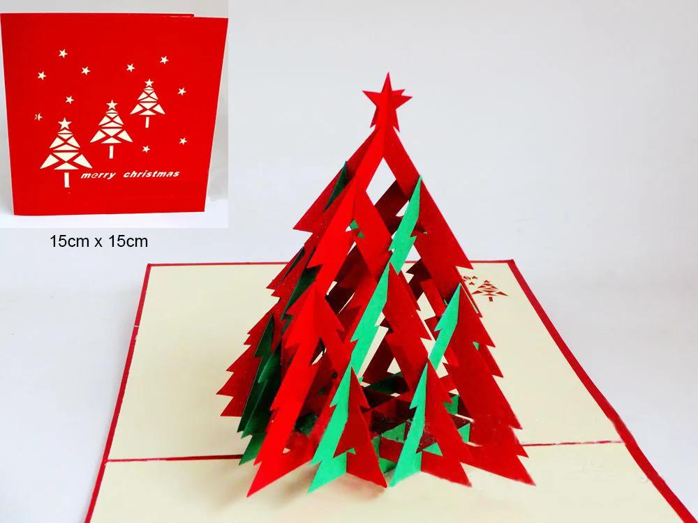 Merry Christmas Cards 3D Pop Up Christmas Tree Cards Christmas Decoration Winter Gift Laser Cut New Year Santa Greeting Cards