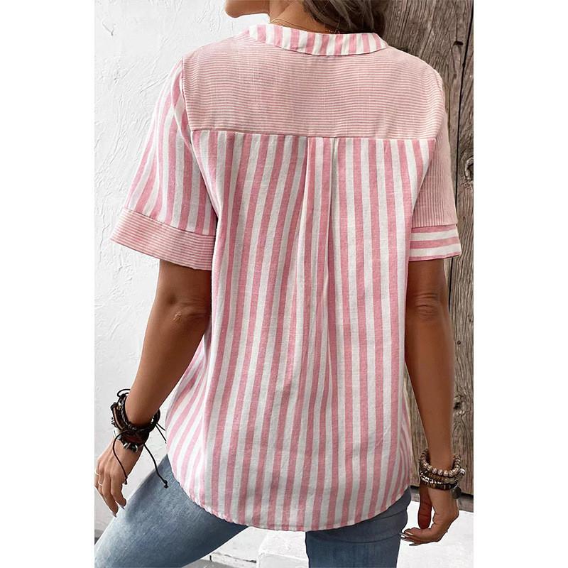 Women Cotton Linen Asymmetrical Striped Shirt With Vneck For Casual Office Wear