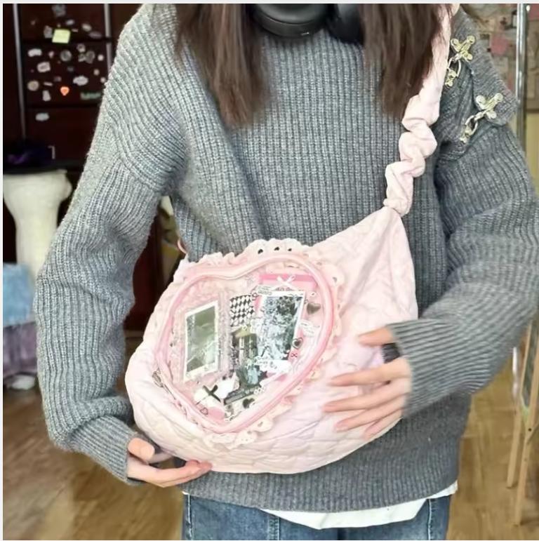 Pink Cute Womens Shoulder Bag Pleated Love Heart Lolita Jk Ita Bag Drawstring Ballet Style Sweet Fashion Female Handbag
