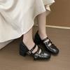 French Bow Square Head Mary Jane Women's Shoes 2025 New Retro Shallow Rivet Thick High Heel Single Shoes