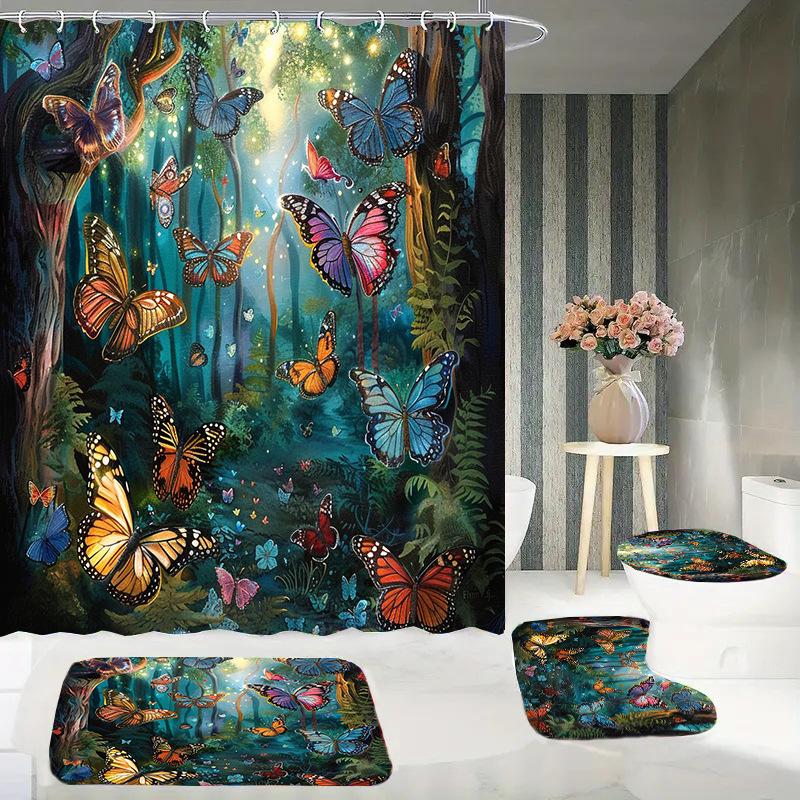 Butterfly Trees, Flowers And Plants, Digital Printing, Shower Curtain, Bathroom Four-Piece Set With Hooks