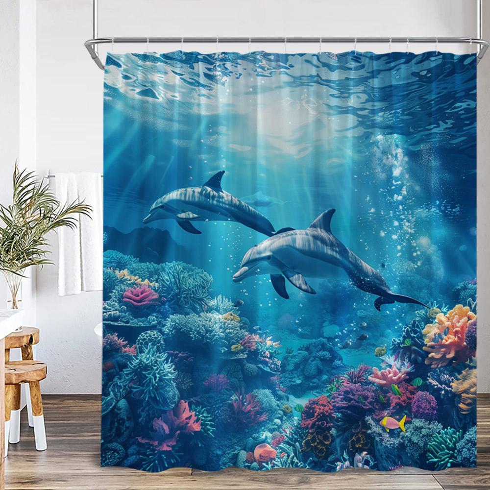 Undersea Cartoon Shower Curtain Sea Turtle Coral Seaweed Tropical Fish Ocean Bathroom Decor Polyester Fabric Bathtub Curtain