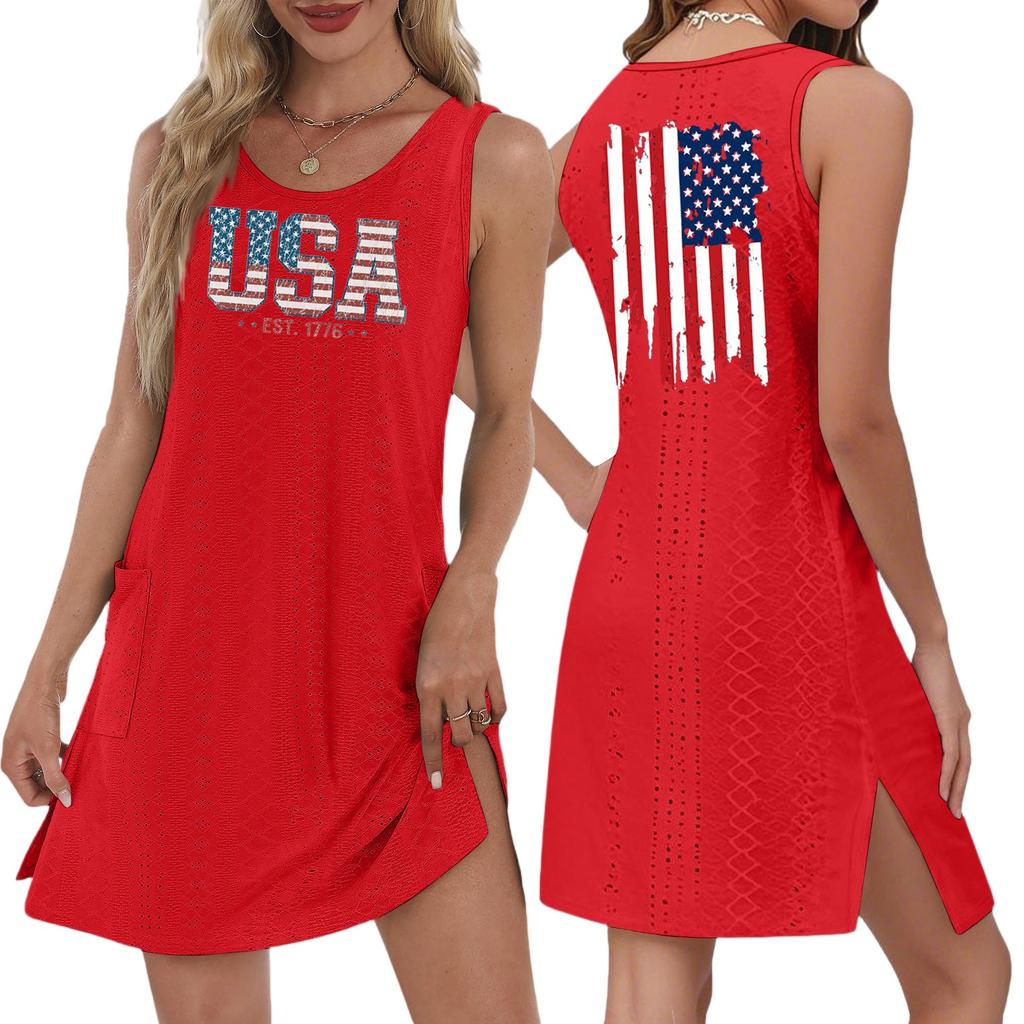 Women's Casual Fashion Breathable Independence Day Printed Pocket Hem Slit Vest Dress