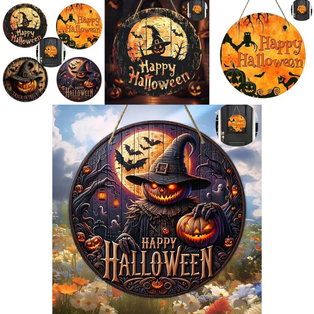 Modern Minimalist Wooden Halloween Door Sign With Creative Round Design For Home Decoration