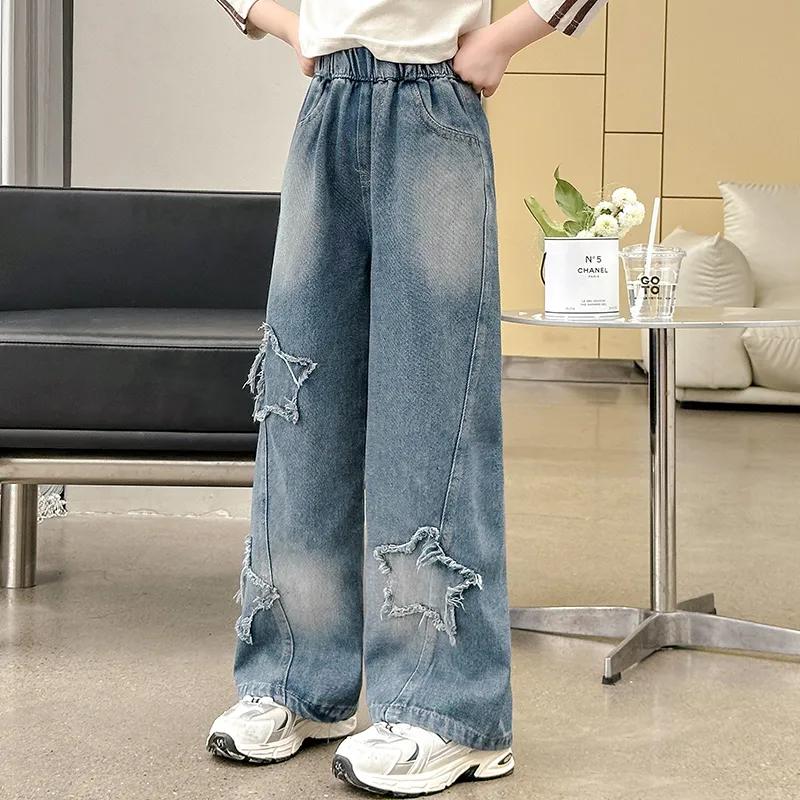 Teens School Children Trousers Spring Star Design Casual Loose Jeans for Girl Elastic Waist Fashion Kids Straight Pants