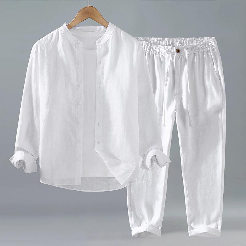 Pure Linen Men's Stand Collar Long Sleeve Shirt - National Style, Versatile, Trendy, Loose Fit
