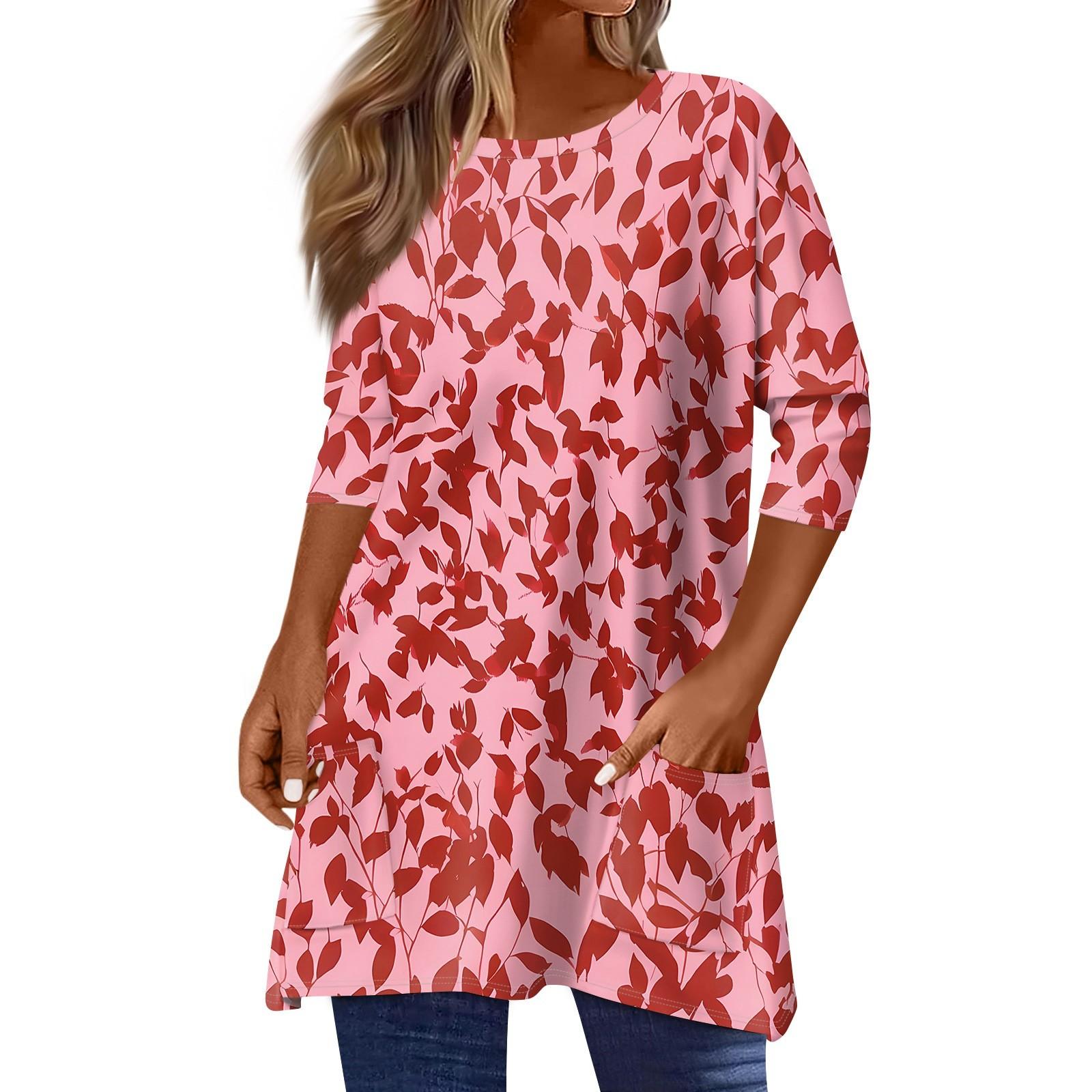 

3/4 Sleeve Pocket Tops For Women Print Mid-length T Shirt Round Neck Blouse M червоний