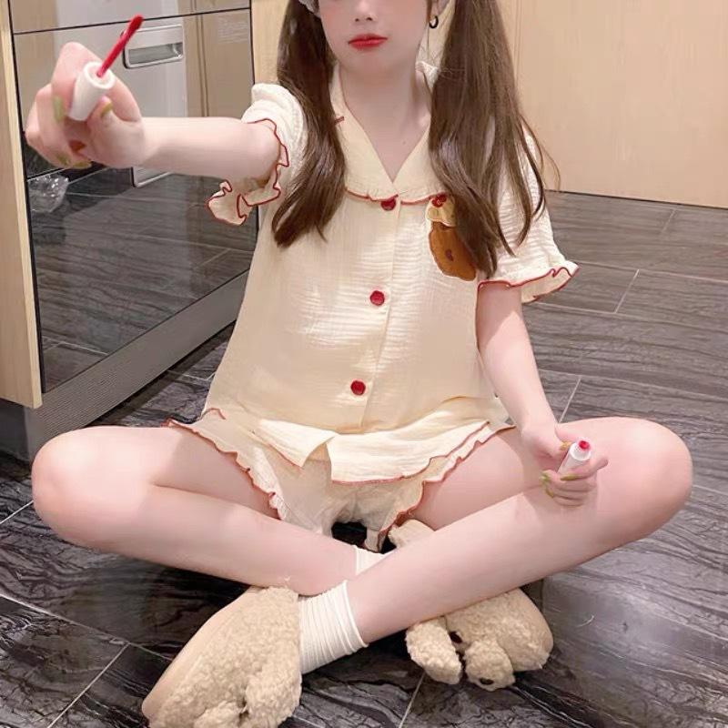 

Cute lace bear pajamas women s summer cardigan short-sleeved shorts doll collar suit student dormitory loungewear S